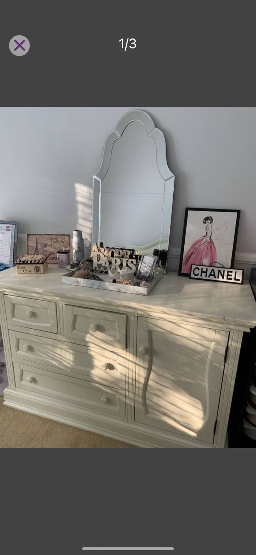 Ivory Wood Dresser, Nightstand, And Mirror