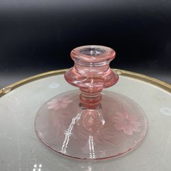 Vintage Pink Depression Glass Candle Holder Floral Pattern VG 