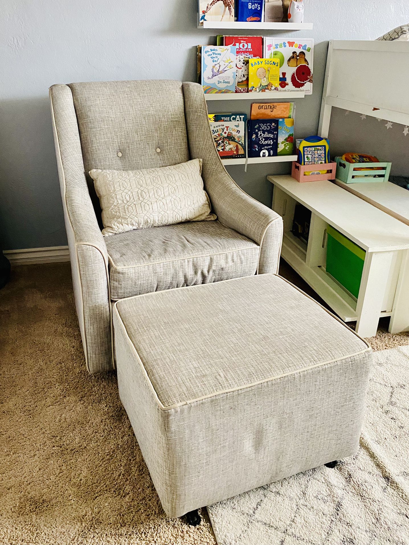 Swivel Glider Rocking Chair & Glider Ottoman /Rocking Ottoman & Nursing Chair / Living room Accent Chair & gliding Footrest  Grey & cream/beige chair 
