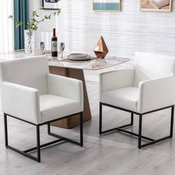 Faux Leather Upholstered Dining Chairs with Arms, Mid Century Modern Padded Kitchen Chair with Black Metal Frame for Restaurant, Dining Room, Set of 2