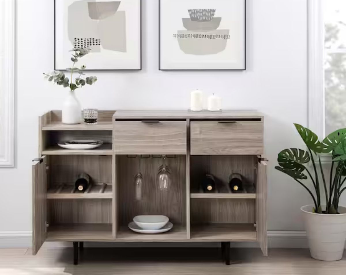 Modern Bar Storage Cabinet with Reversible Bottle Shelves Beige