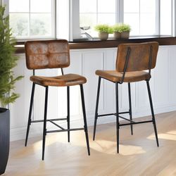Homy Casa POMONA 2PC Counter Suede Bar Stool, Brown Suede Fabric, Metal Legs
