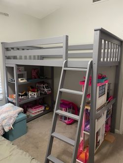 Wood Twin Loft Bed with Shelves