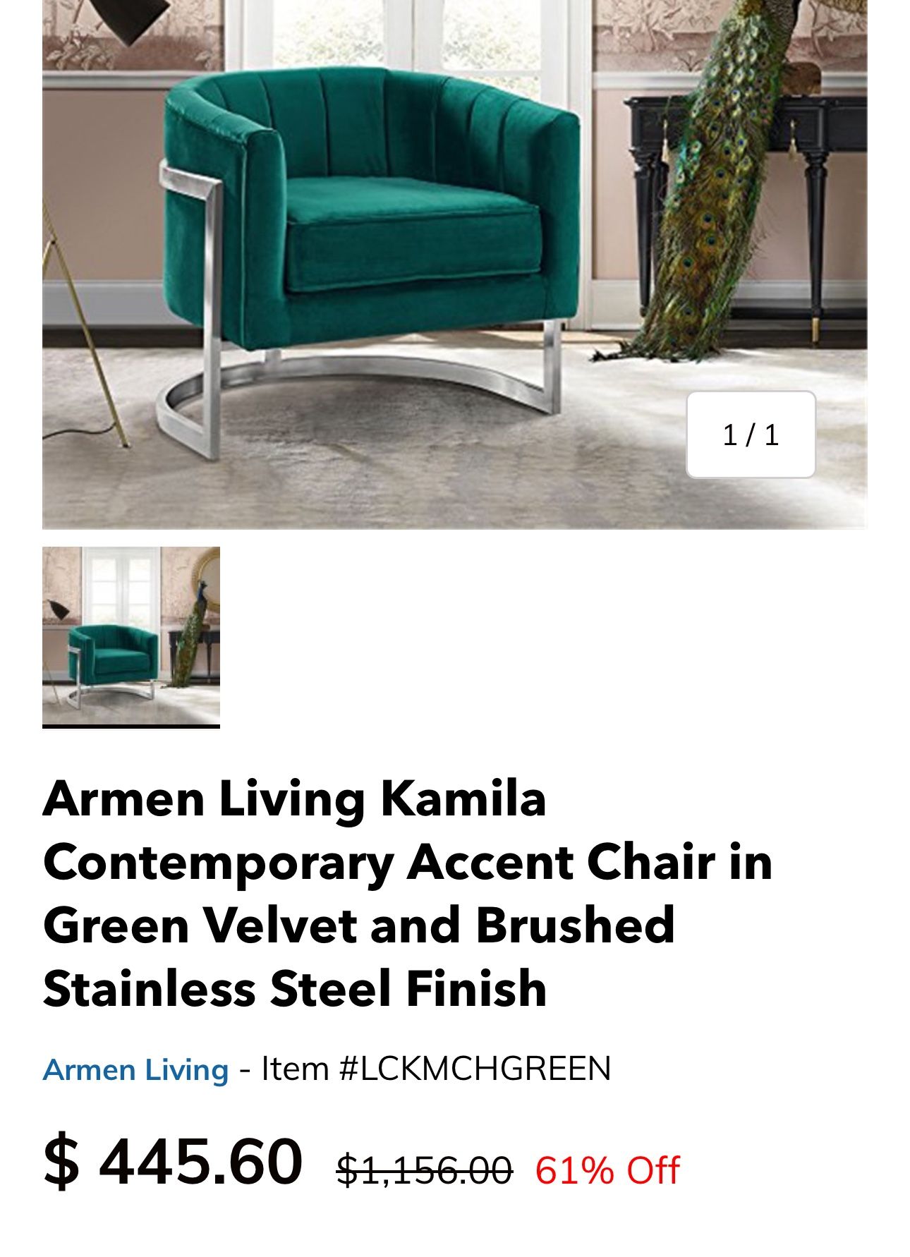 New Armen Living Kamila Modern Green Velvet Accent Chair Home & Garden