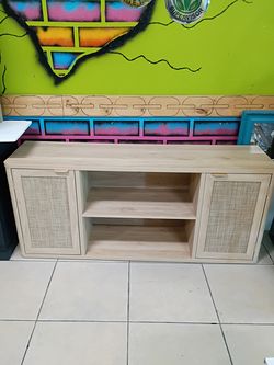 Rattan TV Stands for Living Room, Boho TV Cabinet with Storage and Open Shelf, Rustic Wood Entertainment Center, Media Console for 50-65 Inch TV, Natu