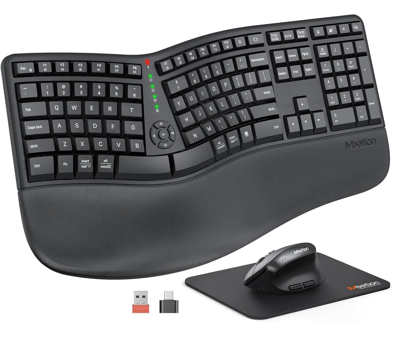 MEETION Ergonomic Wireless Keyboard and Mouse, Ergo Keyboard with Vertical Mouse, Split Cushioned Wrist Palm Rest, Natural Typing, Rechargeable, Full