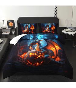 3D Blue Black Dragon Comforter Set 3Pcs Twin for Kid Teen Girl Boy Adult Wild Animal Mysterious Dragon Egg Bedding Set,Gothic Magic Fantasy Forest Qui