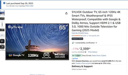 Outdoor 65” Tv Perfect Condition With Cover 