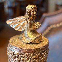 Vintage Pewter & Silver Plate Fairy Trinket Box - Kneeling Pixie Keepsake Box - Velvet Lined