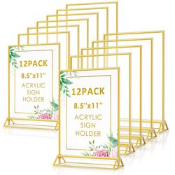 (505050-60) Enayplon Acrylic Sign Holder 8.5 x 11, 12 Pack Double Sided Flyer Holder, Table Menu Holder Display Stand for Wedding, Party, Gold Picture