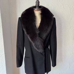 Black Fox Fur Collar Coat Wool Side Tie Jacket NO OFFERS 