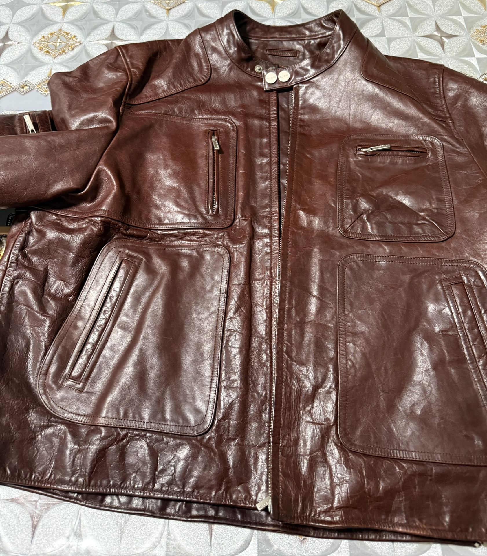 MOD cafe racing ITALIAN LEATHER jacket motorcycle vespa biker stripe oily XXL 