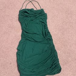 New Small green ruched stretchy mini mesh dress