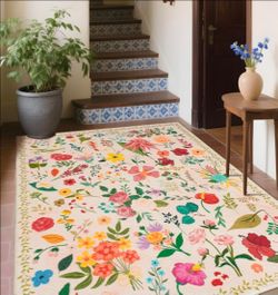 Washable Rugs 8x10 Floral Vintage Washable Area Rug Non Slip Low Pile Large Rugs for Living Room Dining Room Bedroom Farmhouse Kids Playroom