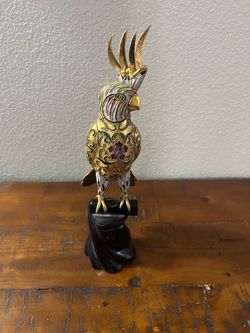 Vintage Chinese cloisonné enamel cockatoo figurine perched on a carved wooden base