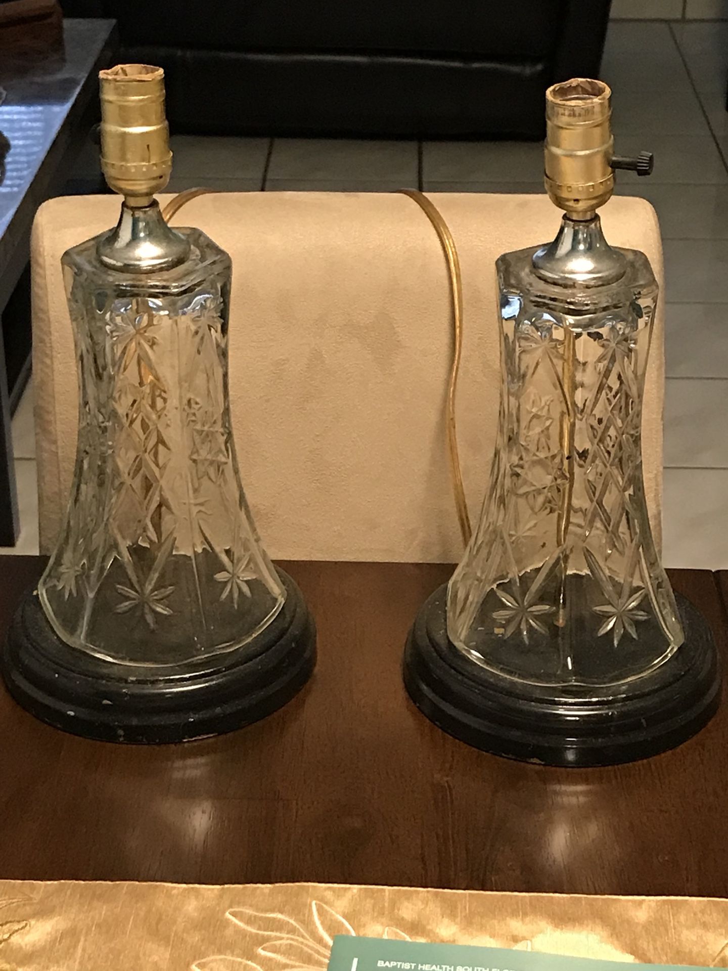 Antique etched glass lamps set of two