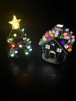 Ceramic Christmas Tree And Gingerbread  House With LED Lights