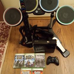 Xbox 360 Rock Band Guitar Hero Set Drums Guitar 5 Games 
