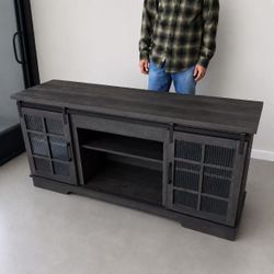 New In Box TV Entertainment Center Stand Barn Door Cabinet With Adjustable Shelf Fits Up To 65” Television Grayish Black Color 