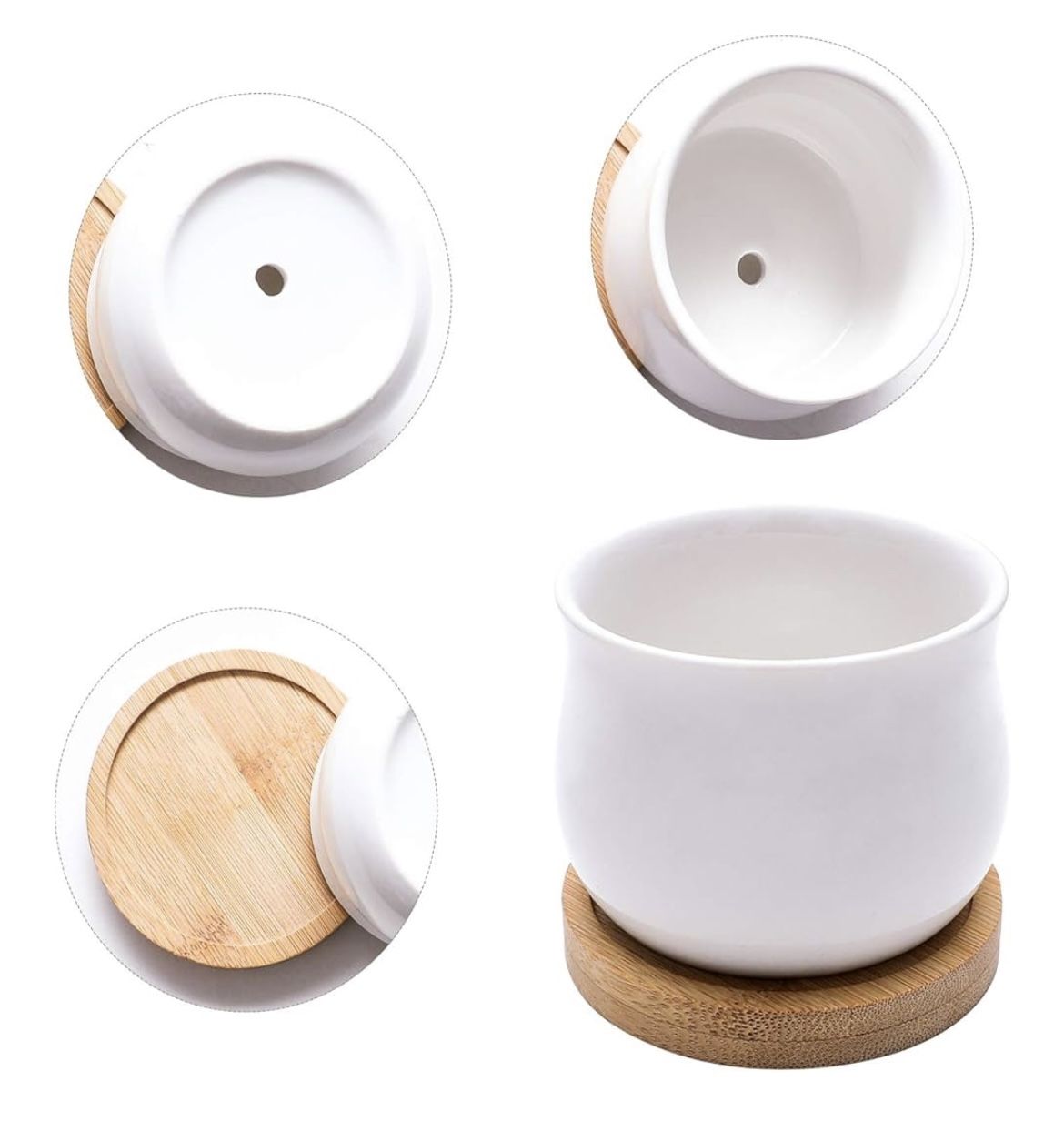 Succulent 6 Piece White Ceramic Pots With Bamboo Tray's.