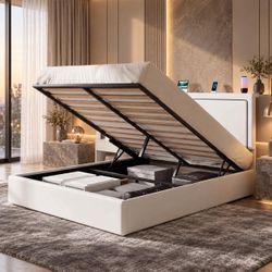 Full Size White Velvet Lift Up Storage Bed Frame with LED Lights & Charging Station.