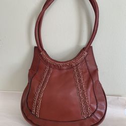 Vintage Red Leather Hobo Style Shoulder Bag Braided Trim Whipstitch Boho Purse