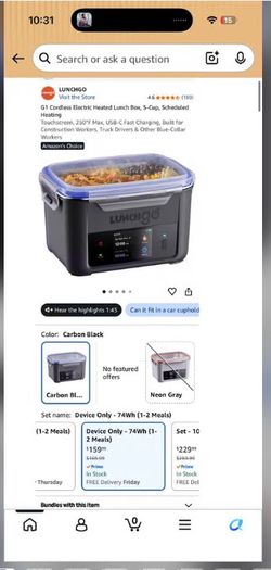 G1 Cordless Electric Heated Lunch Box, 5-Cup, Scheduled Heating Touchscreen, 250°F Max, USB-C Fast C