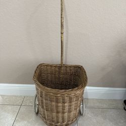 Vintage Wicker Rolling Basket with Handle – Rustic / Boho Decor