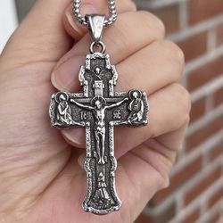 Mens Russian Orthodox Crucifix Cross Pendant Necklace Stainless Steel with chain