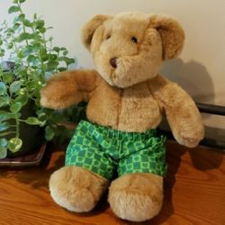 Build-A-Bear Teddy Bear wearing Boxers w/ Green Four-Leaf Clover & Heart Pattern