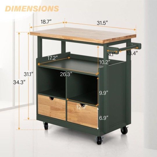 New Rubber Wood Tabletop Kitchen Island Cart with Drawers and Towel Rack, Green