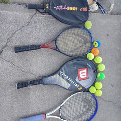 Three tennis rackets and one racquetball racquet with tennis balls and racquetballs.