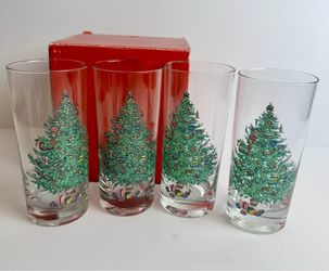 4 Vintage Holiday Hostess Decorated Christmas Tree & Holly 14oz Glass Tumblers