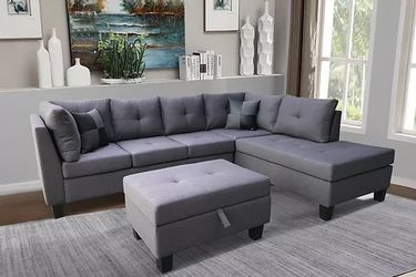 Brand New Grey Sectional with Storage Ottoman