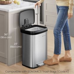 Kitchen Trash Can, 13 Gallon (50 L) Stainless Steel Garbage Can, with Stay-Open Lid and Step-on Pedal, Soft Closure, Tall, Large and Space-Saving, Sil