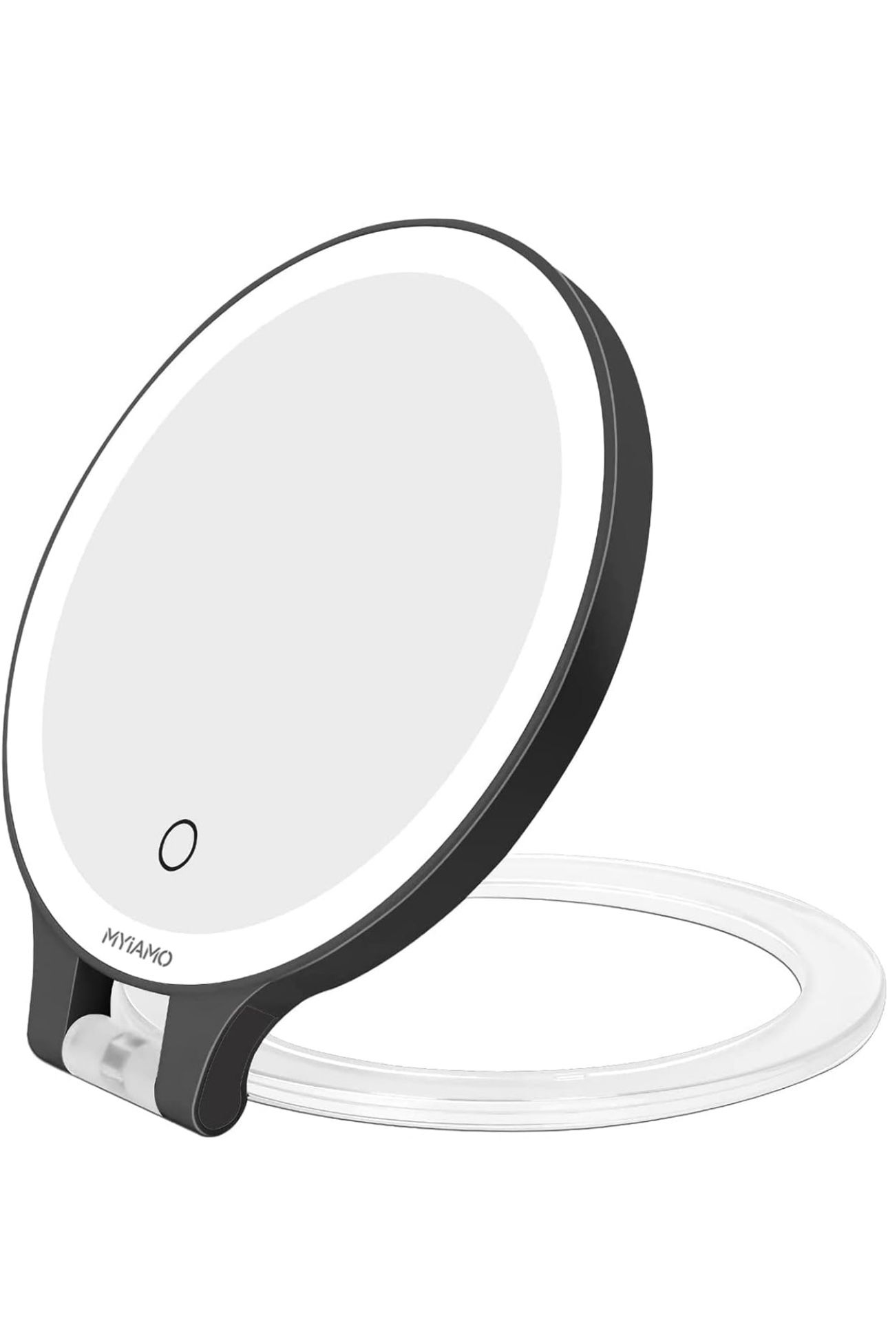 MYIAMO Makeup Mirror with Lights, Double Sided Lighted Magnifying Mirror 10X / 1X with 3 Color Lighting Modes, Tabletop Mirror with Adjustable Folding