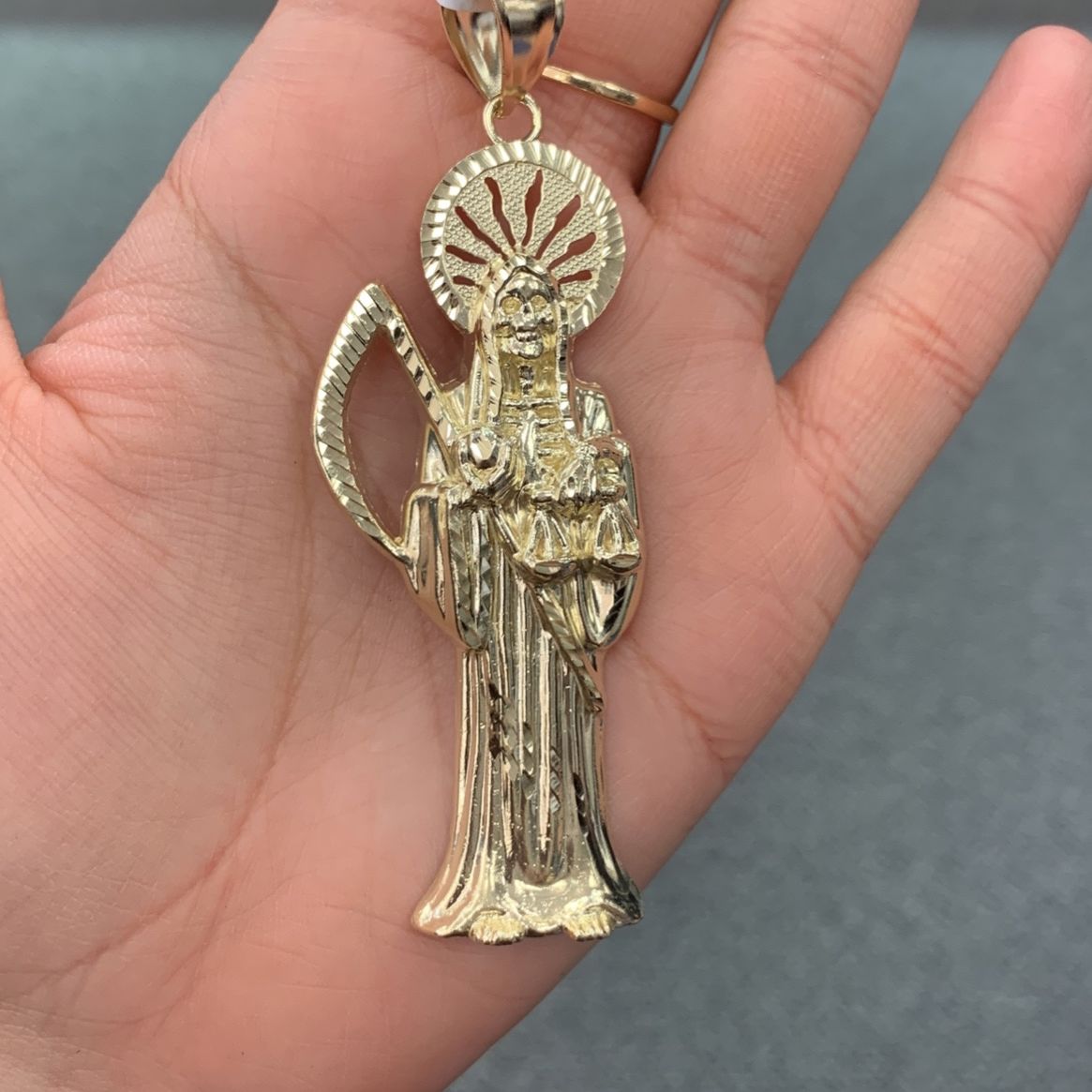 Mayas Gold 10k Santa Muerte 3.5” Pendant 