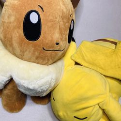 18” 2022 Pokemon Game Freak Jumbo Eevee + 17” Sleeping Pikachu Plush