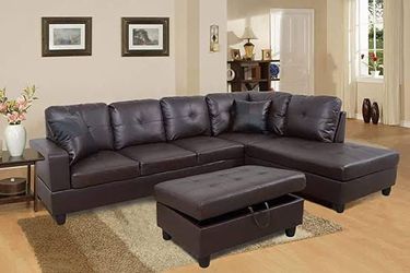 BRAND NEW DARK BROWN SECTIONAL SOFA COUCH SET WITH OTTOMAN INCLUDED
