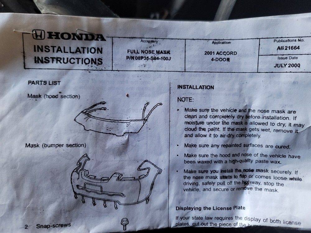 1(contact info removed) Accord Front Bra Nose Mask NOS