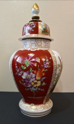 DRESDEN PORCELAIN LIDDED URN - 15" TALL - HAND-PAINTED & GILDED