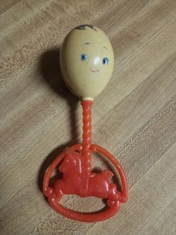 Vintage Plastic Baby Rattle with Red Rocking Horse - Retro Toy Collectible