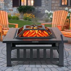 Fire Pits for Outside, 32" Wood Burning Fire Pit Tables with Screen Lid, Poker, BBQ Net, Ice Tray, Food Clip and Cover, Backyard Patio Garden Outdoor 
