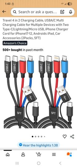 2 sets-Travel 4 in 2 Charging Cable, USBA/C Multi Charging Cable for Multiple Devices with Two Type-C/Lightning/Micro USB, iPhone