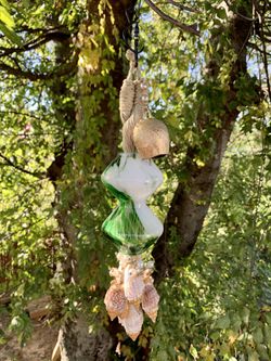 Artisan Fused Hour Glass & Pearls Seashells W/ Brass Bell Wind Chime Sun Catcher