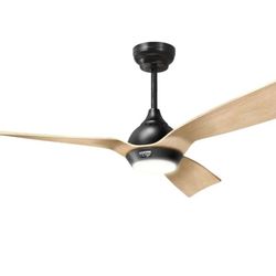 Reiga 52in LED Ceiling Fan Black W/ Natural Color Blades Indoor Outdoor Remote 6speed Reverse Timer Dimmable New 