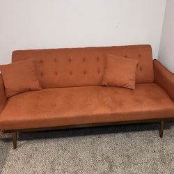  ⸻  🛋️ Mid-Century Modern Orange Sofa with Pillows – Great Condition!