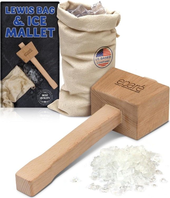 Eparé Lewis Bag & Ice Mallet - Manual Ice Crusher Wooden Hammer - Canvas Crushing Bag - Crushed Ice Bar Cocktails - Bartender & Kitchen Tools Kit
 NIB