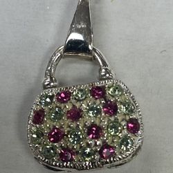 SILVER .925 SMALL PURSE PENDANT LOCKET WITH STONES AND CHAIN VERY UNIQUE 