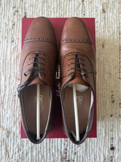 Salvatore Ferragamo Riley Cap Toe Oxford Brown Pebble Leather Size 10E Excellent